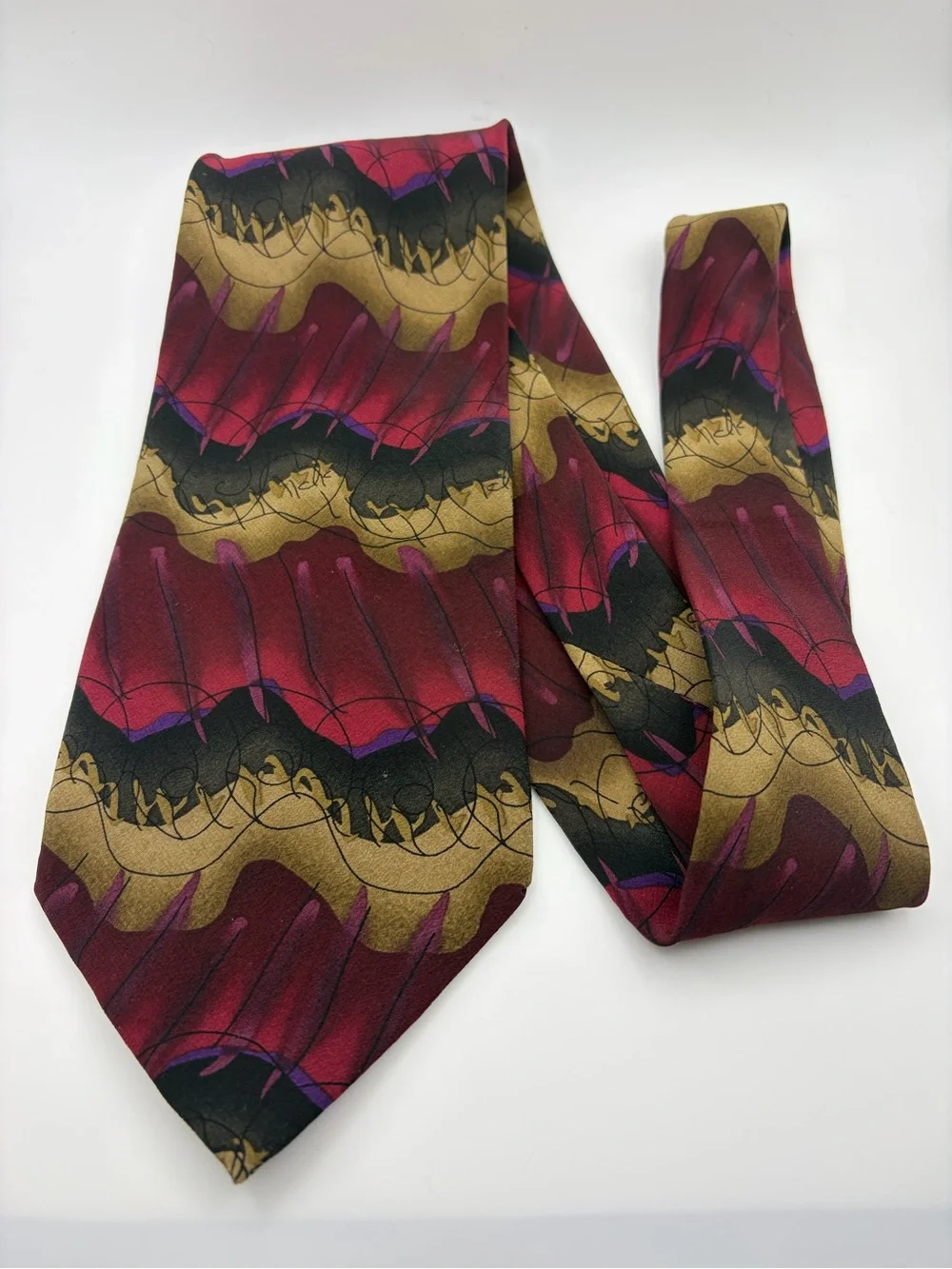 J Garcia Snail Garden Collection 14 Silk Tie Burgundy Gold Abstract Vintage 90s